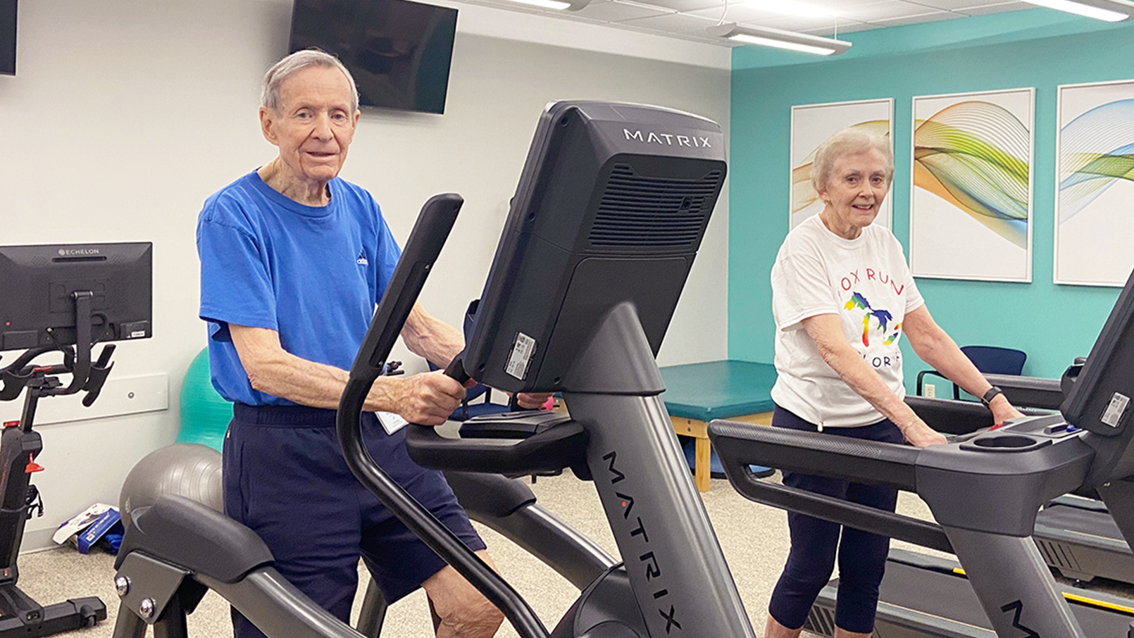Residents of Fox Run enjoy their exercise routines, enhanced by new fitness equipment in the community's two centers.