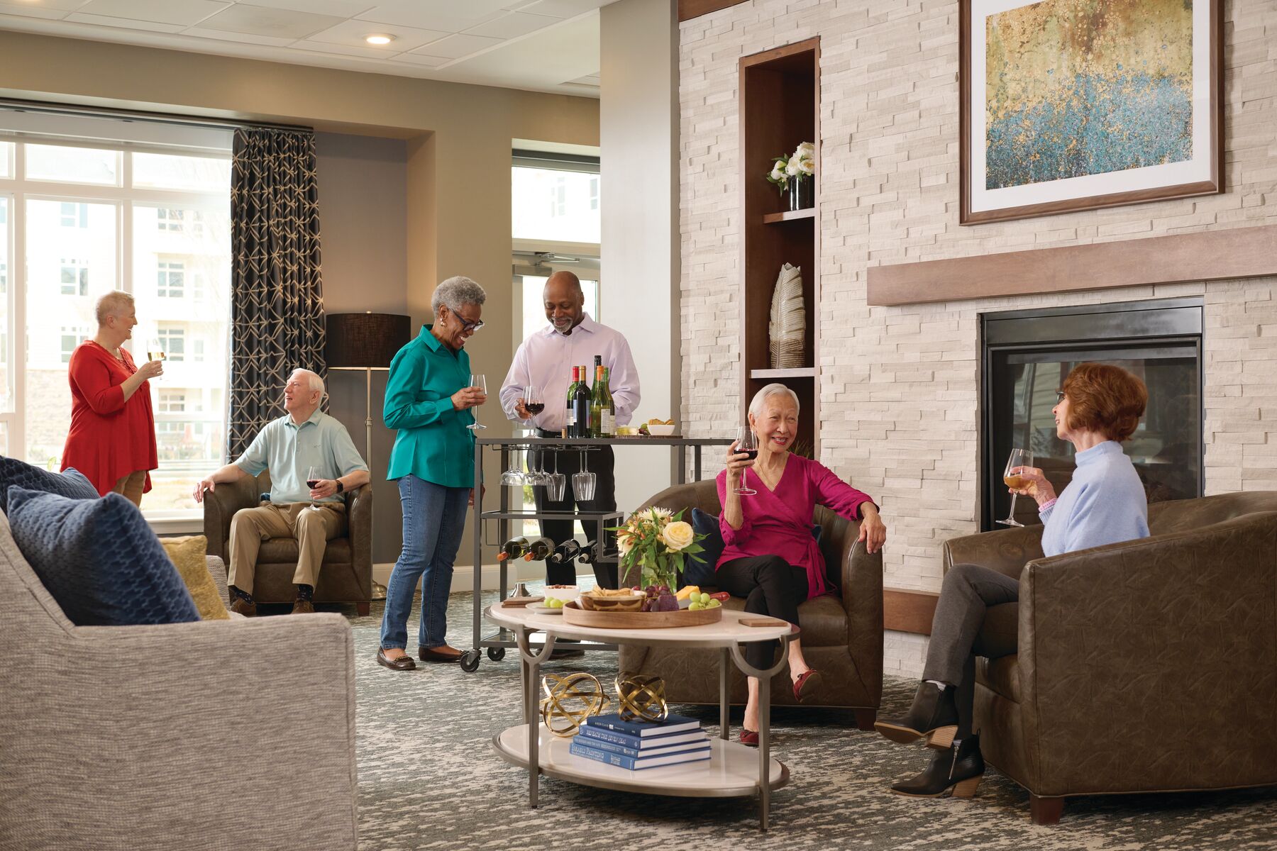 A diverse group of residents gathered in a community clubhouse.