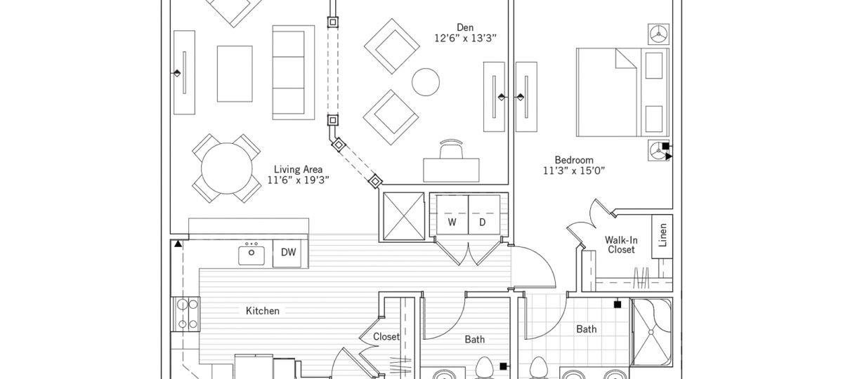 2D floor plan of the Newbury apartment at Tallgrass Creek Senior Living in Overland Park, KS.