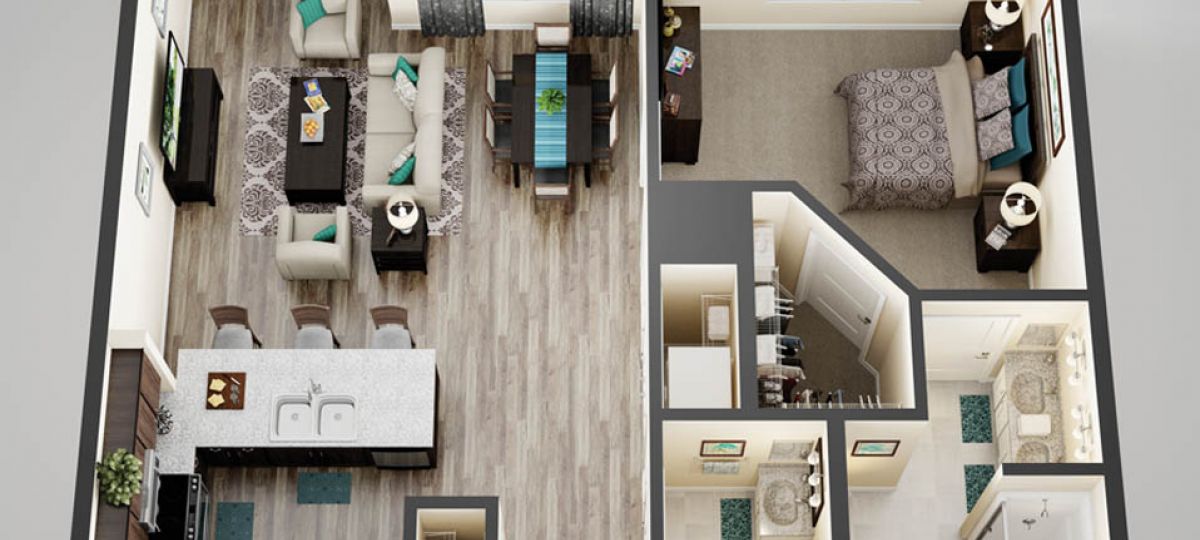 3D floor plan of the Baldwin apartment at Lantern Hill Senior Living in New Providence, NJ.