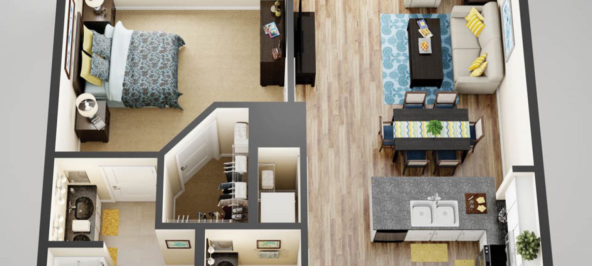 3D floor plan of the Belvedere apartment at Lantern Hill Senior Living in New Providence, NJ.
