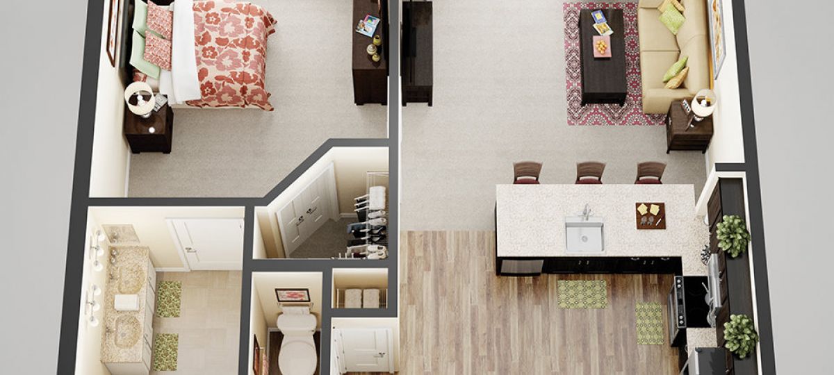 3D floor plan of the Bradford apartment at Tallgrass Creek Senior Living in Overland Park, KS.