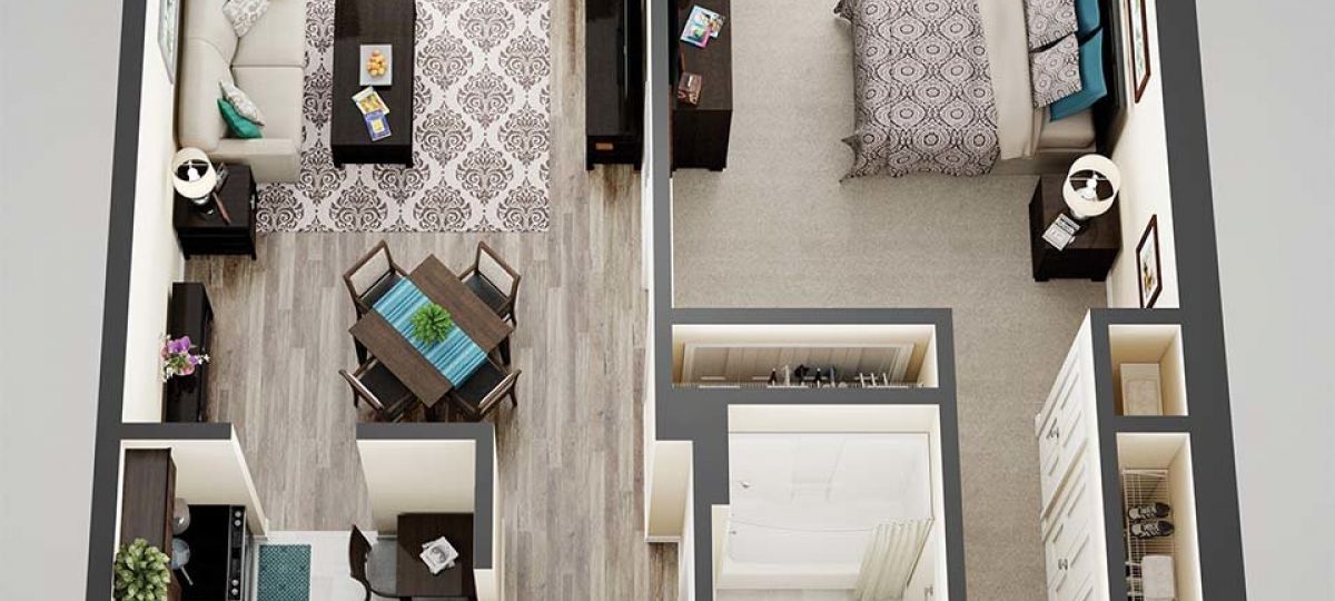 3D floor plan of the Brighton apartment at Seabrook Senior Living in Tinton Falls, NJ.
