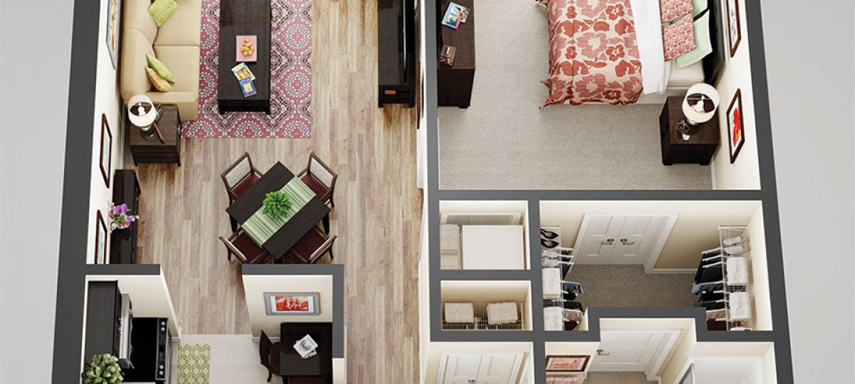 3D floor plan of the Brighton apartment at Charlestown Senior Living in Catonsville, MD