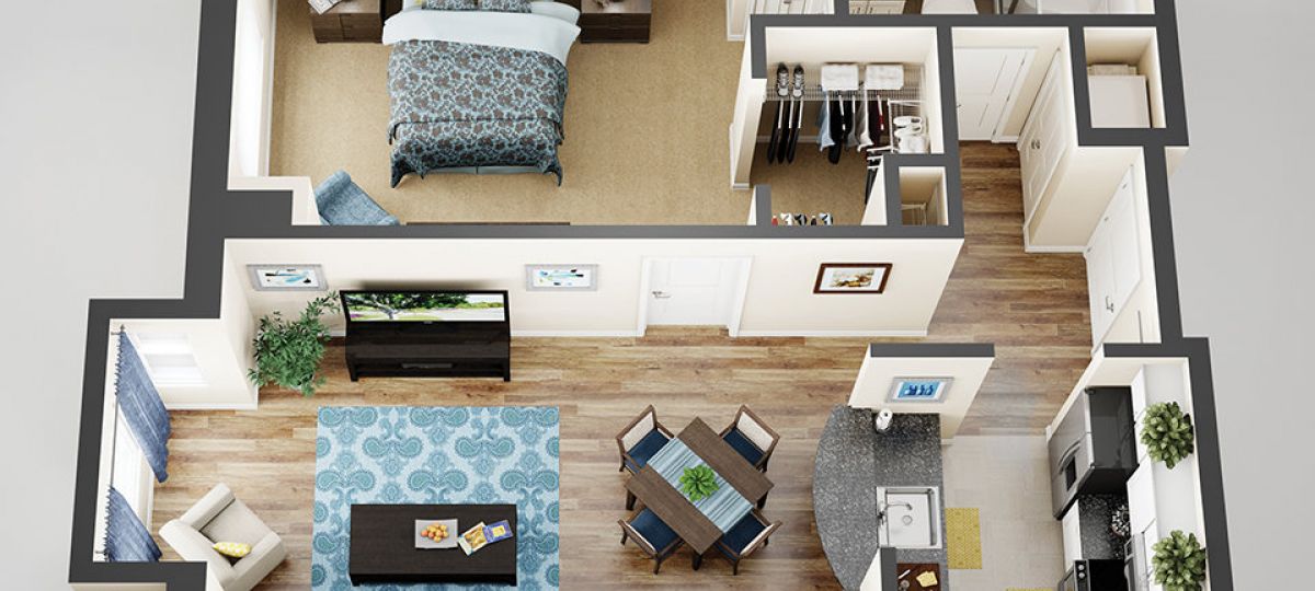 3D floor plan of the Brighton apartment at Brooksby Village Senior Living in Peabody, MA