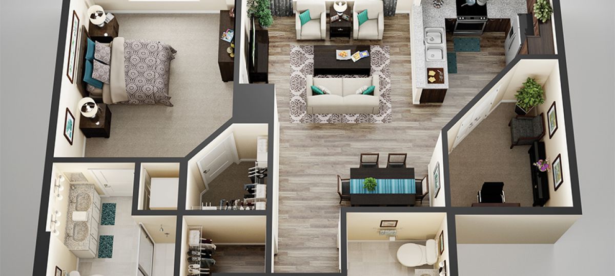 3D floor plan of the Canterbury apartment at Lantern Hill Senior Living in New Providence, NJ.