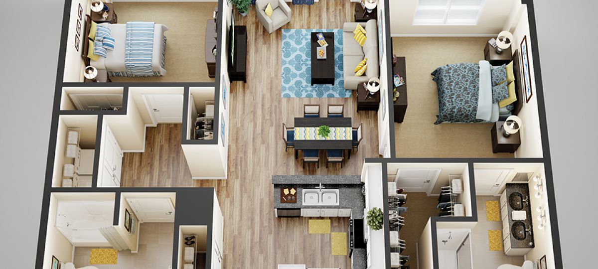3D floor plan of the Douglas apartment at Lantern Hill Senior Living in New Providence, NJ.