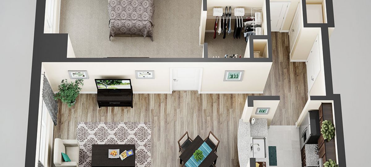 3D floor plan of the Ellicott apartment at Linden Ponds Senior Living in Hingham, MA.