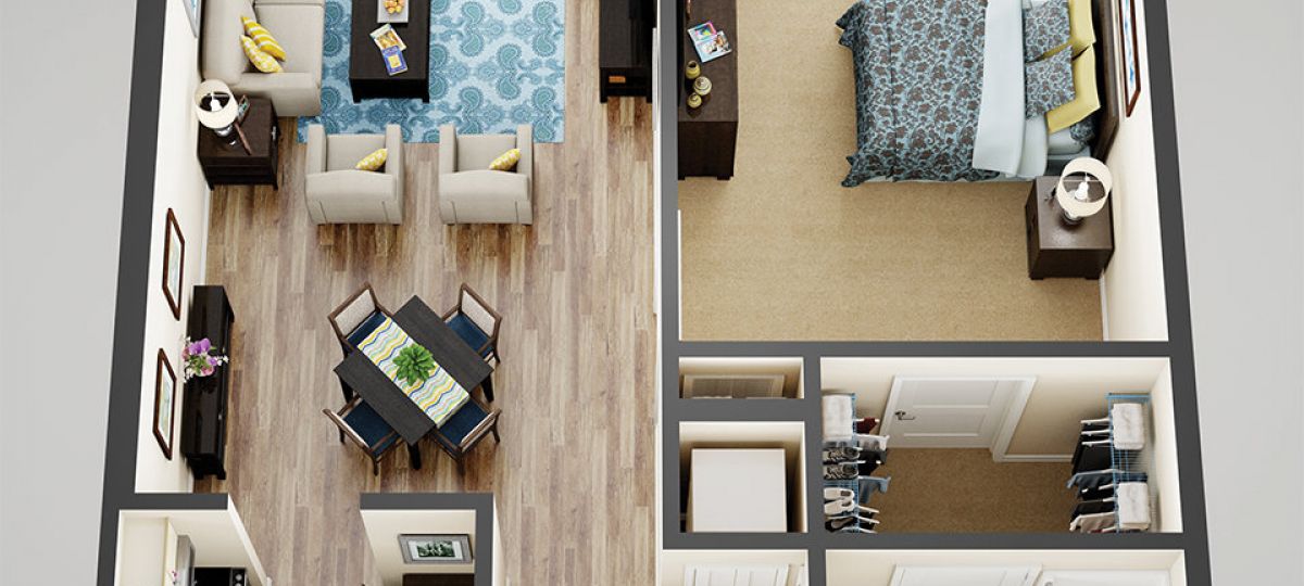 3D floor plan of the Ellicott apartment at Cedar Crest Senior Living in Pompton Plains, NJ