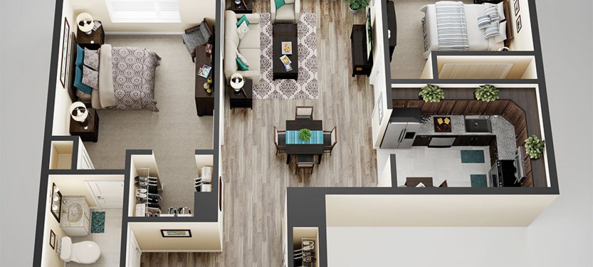 3D floor plan of the Fairmontt apartment at Linden Ponds Senior Living in Hingham, MA.