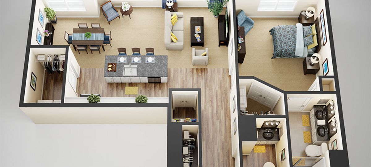 3D floor plan of the Fairway apartment at Tallgrass Creek Senior Living in Overland Park, KS.