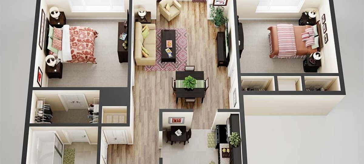 3D floor plan of the Flagstaff apartment at Seabrook Senior Living in Tinton Falls, NJ.
