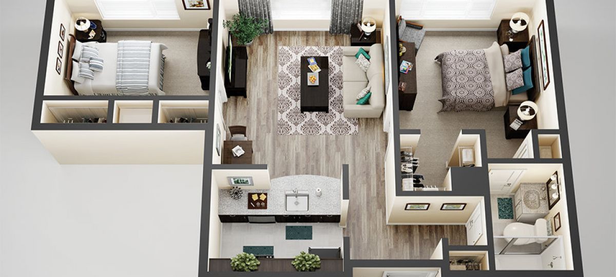 3D floor plan of the Flagstaff apartment at Eagle's Trace Senior Living in Houston, TX