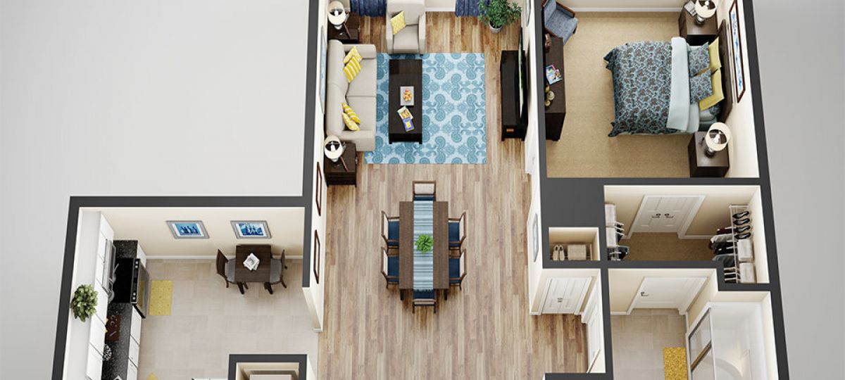 3D floor plan of the Fremont apartment at Seabrook Senior Living in Tinton Falls, NJ.
