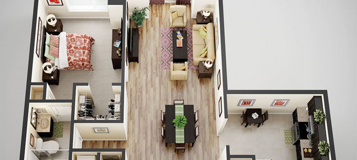 3D floor plan of the Fremont apartment at Linden Ponds Senior Living in Hingham, MA.