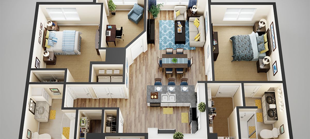 3D floor plan of the Garfield apartment at Lantern Hill Senior Living in New Providence, NJ.