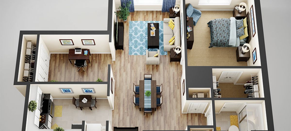 3D floor plan of the Georgetown apartment at Oak Crest Senior Living in Parkville, MD.