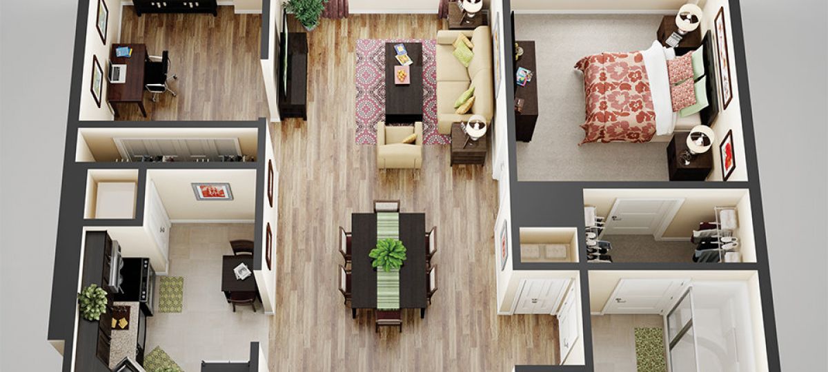 3D floor plan of the Gilbert apartment at Brooksby Village Senior Living in Peabody, MA