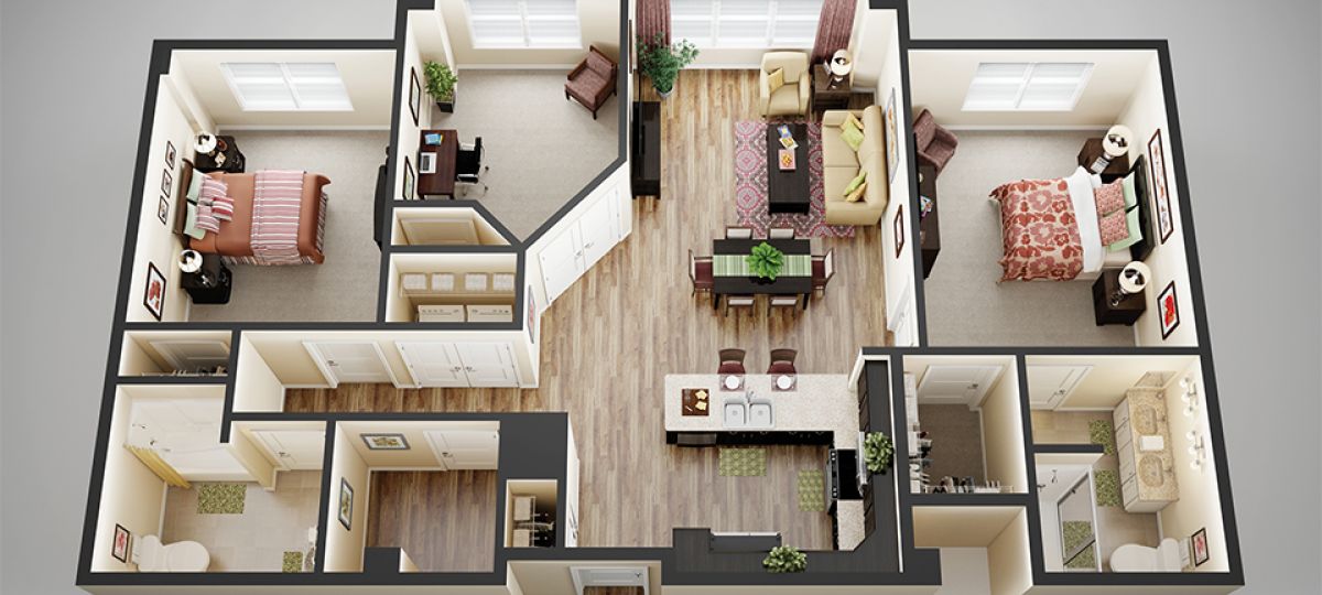 3D floor plan of the Hathaway apartment at Lantern Hill Senior Living in New Providence, NJ.