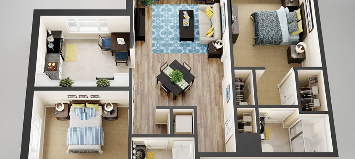 3D floor plan of the Jackson apartment at Brooksby Village Senior Living in Peabody, MA