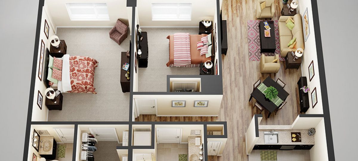 3D floor plan of the Kingston apartment at Brooksby Village Senior Living in Peabody, MA