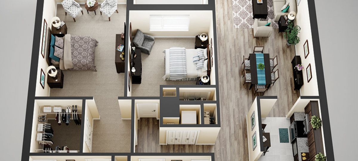 3D floor plan of the Manchester apartment at Linden Ponds Senior Living in Hingham, MA.