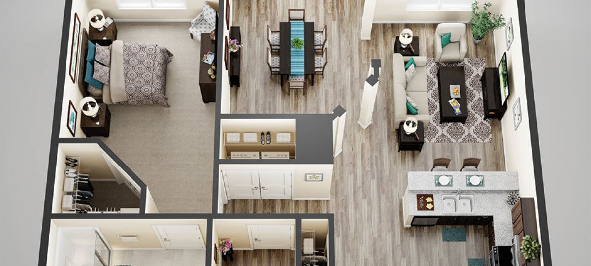 3D floor plan of the Newbury apartment at Tallgrass Creek Senior Living in Overland Park, KS.