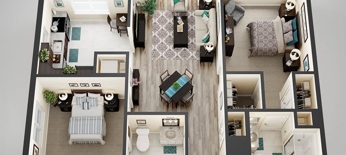 3D floor plan of the Plymouth apartment at Tallgrass Creek Senior Living in Overland Park, KS.