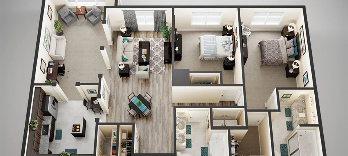 3D floor plan of the Somerton apartment at Tallgrass Creek Senior Living in Overland Park, KS.