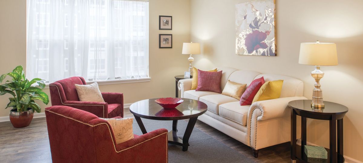 Living room in the Potomac apartment home.