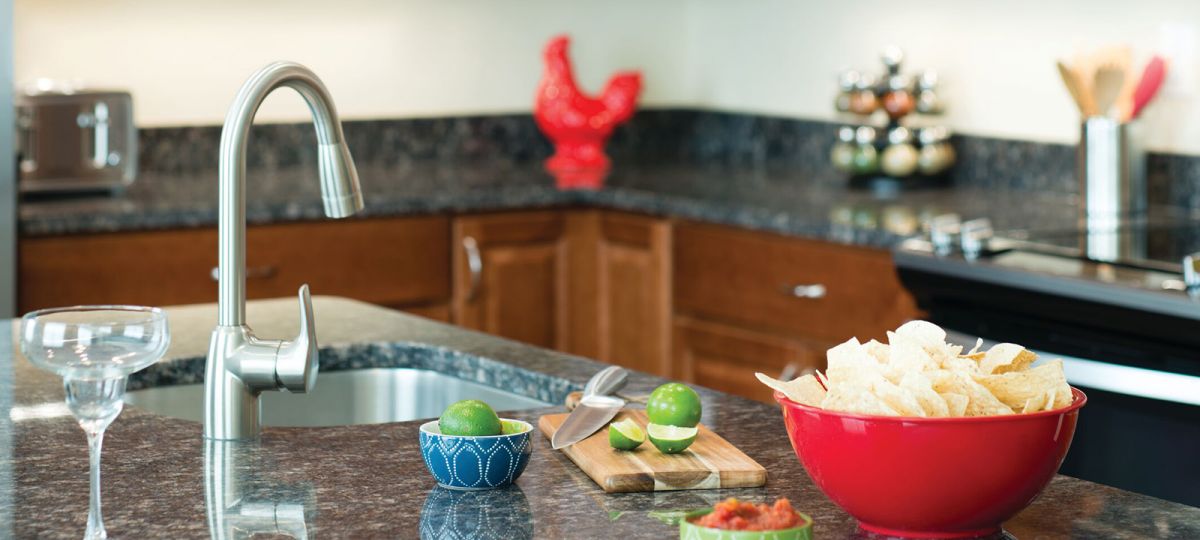 Close up of kitchen counter and sink in the Quincy apartment home.