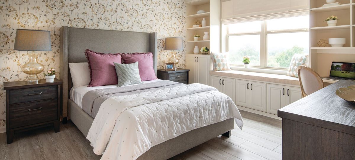 Beautiful, large bedroom with window bench seat.