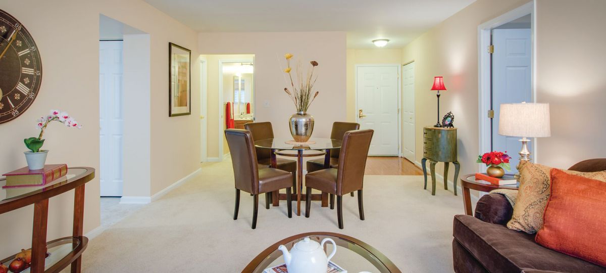 Open floor plan living room and dining area.