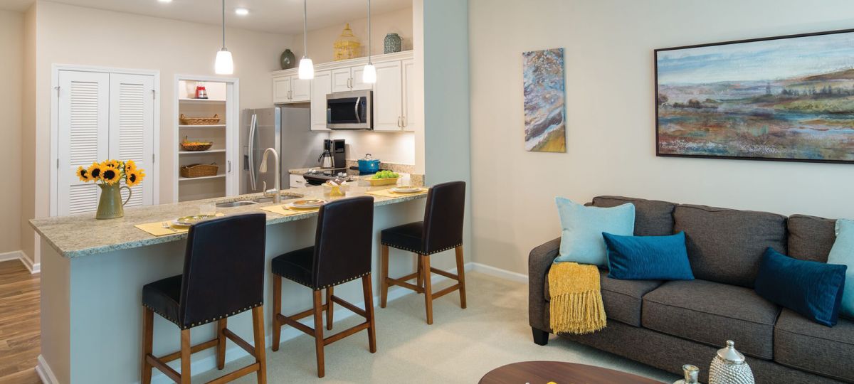 A bright modern kitchen and living area.