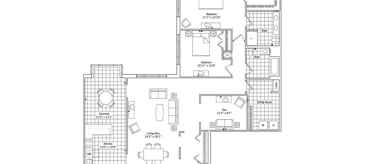 2D floor plan for the Williamsburg apartment at Fox Run Senior Living in Novi, MI
