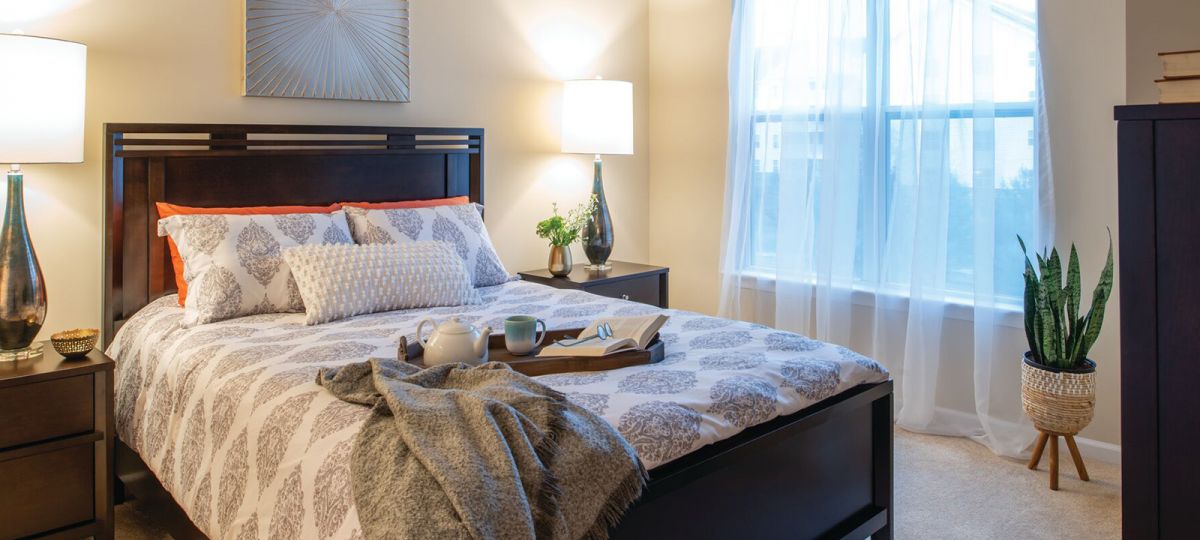 Sunny bedroom containing a large bed and dresser.