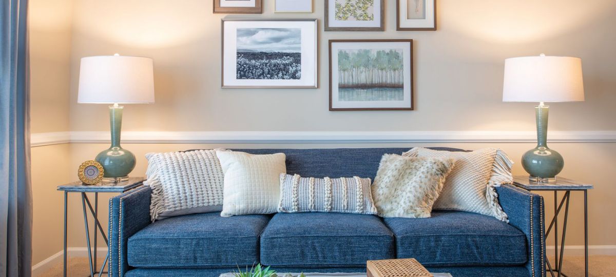 Modern living room with beautiful photo display.