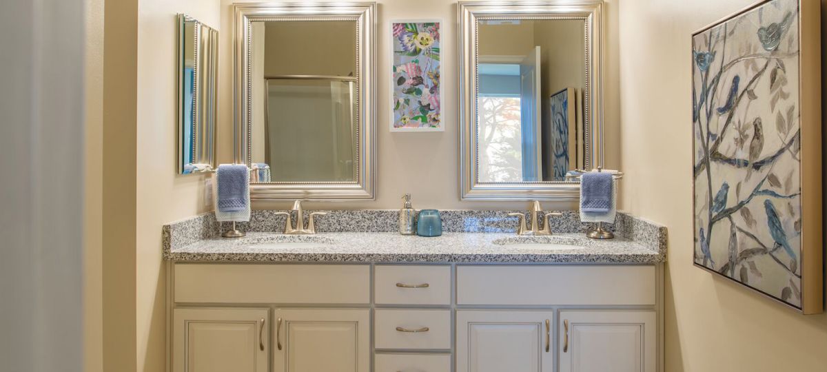 Image of double sinks in the Wilson master bathroom.