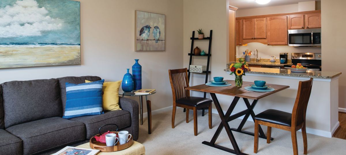 Living room in Brighton apartment home.