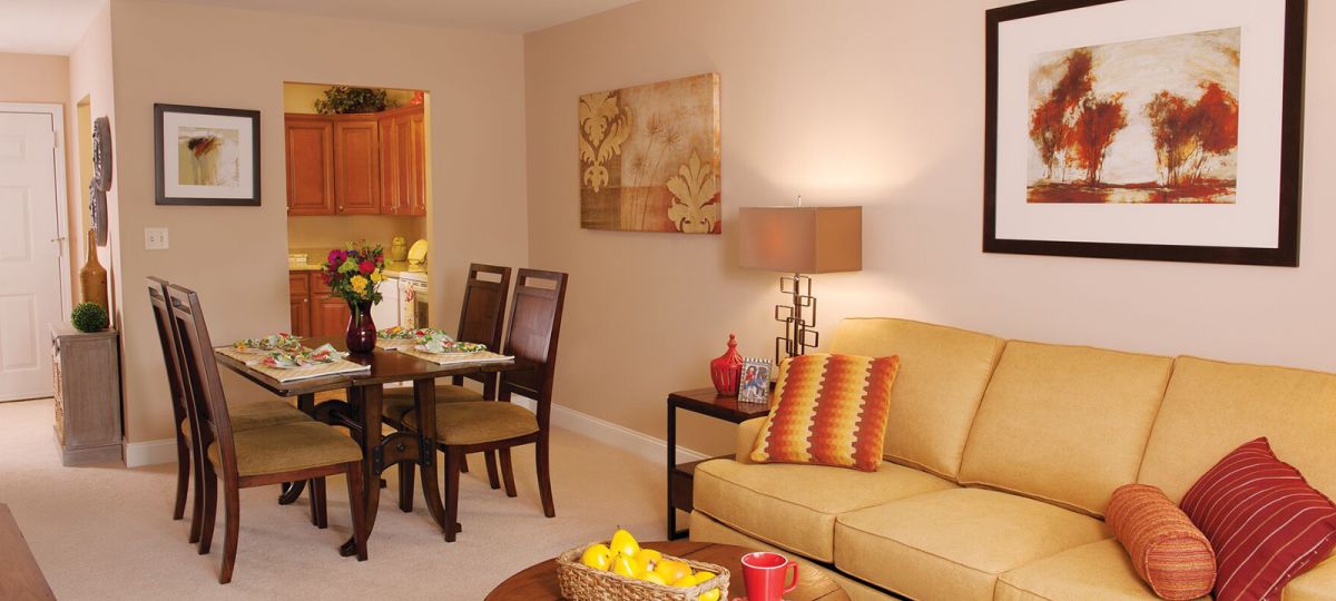 Living room in Hawthorne apartment home.