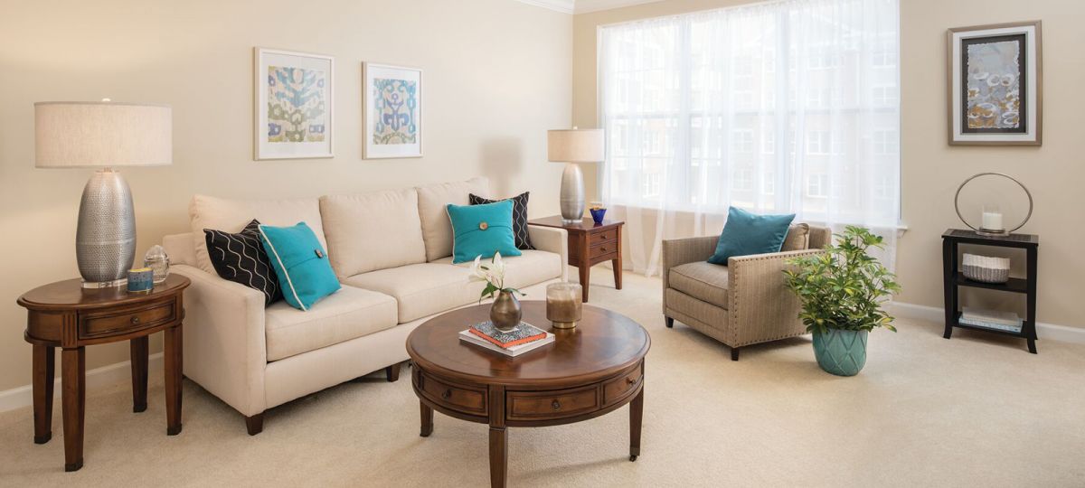 Living room in Newbury apartment home.