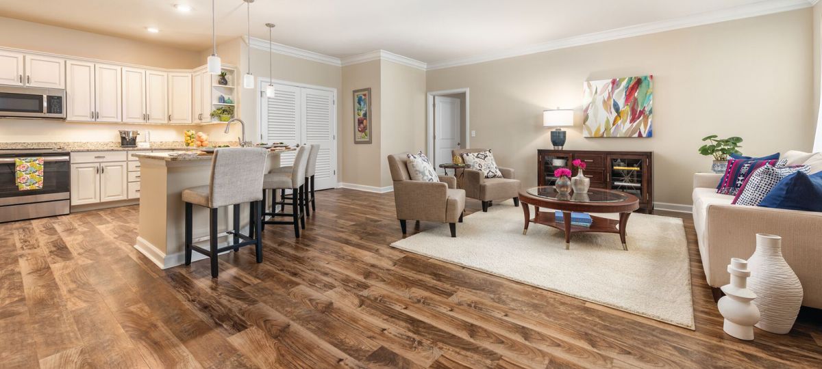 Open plan of Walton apartment living room.