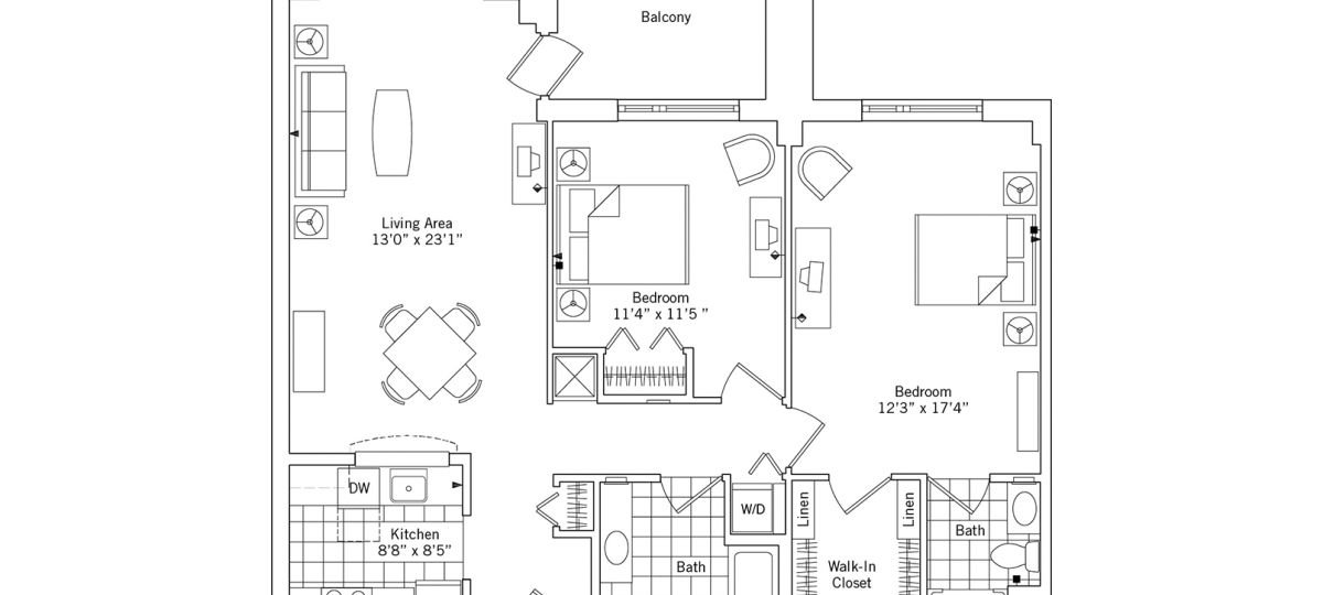 2D floor plan for the Kingston apartment at Maris Grove Senior Living in Glen Mills, PA.