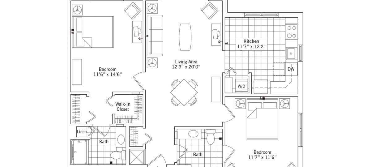 2D floor plan of the Plymouth apartment at Tallgrass Creek Senior Living in Overland Park, KS.