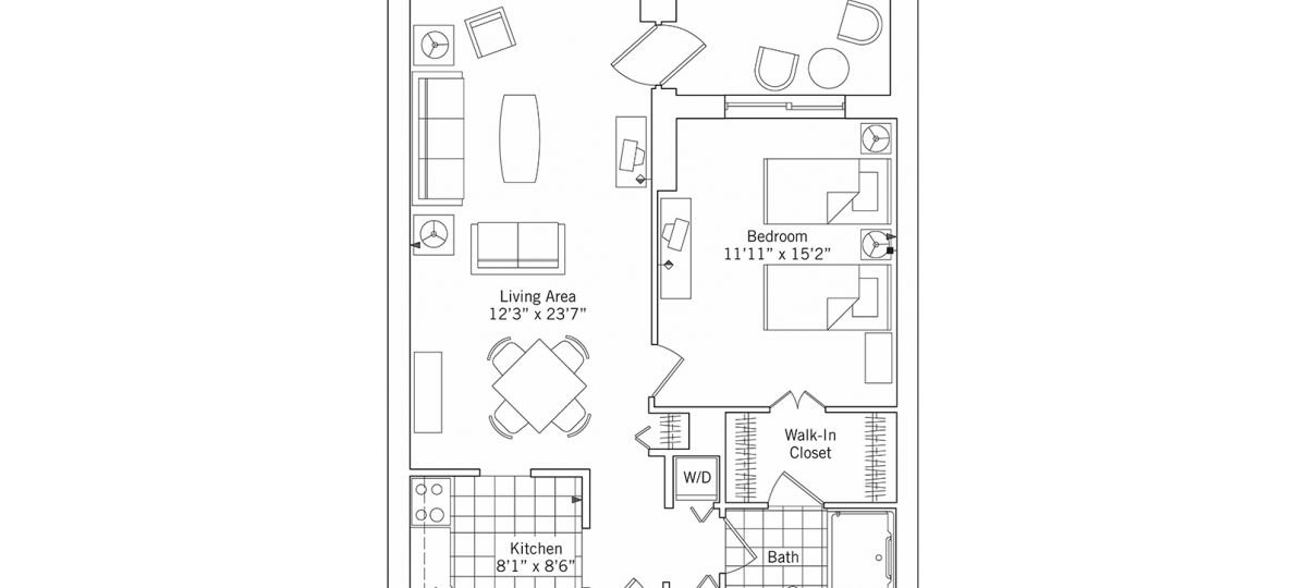 2D floor plan for the Dover apartment at Oak Crest Senior Living in Parkville, MD.
