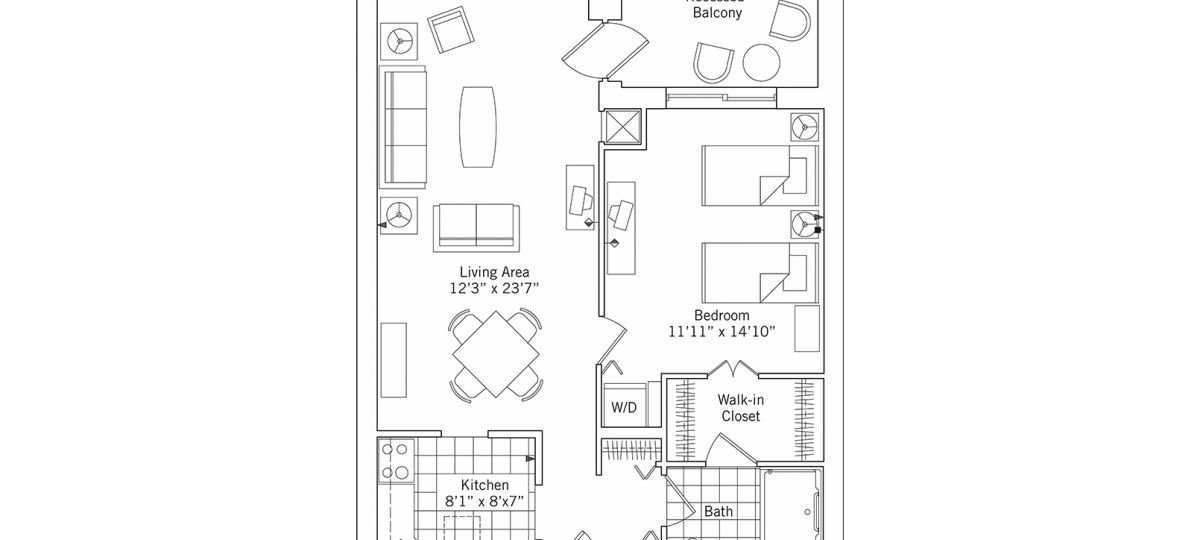 2D floor plan of the Dover apartment at Riderwood Senior Living in Silver Spring, MD.