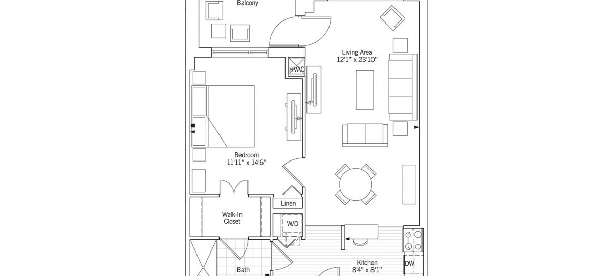 2D floor plan of the Dover apartment at Seabrook Senior Living in Tinton Falls, NJ.