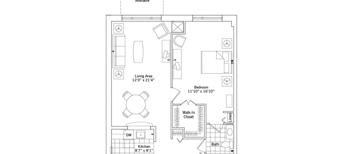 2D floor plan for the Ellicott apartment at Brooksby Village Senior Living in Peabody, MA