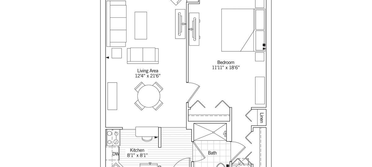 2D floor plan of the Ellicott apartment at Seabrook Senior Living in Tinton Falls, NJ.