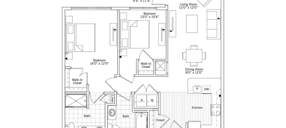 2D floor plan of the Flannery apartment at Windsor Run Senior Living in Matthews, NC.